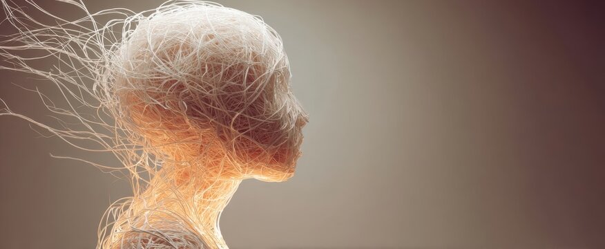 The Head of a Threadlike Human Figure Composed of Woven Fibers and Light