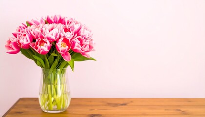 Pink tulips in vase on wooden table