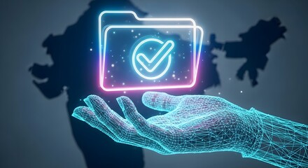 Wireframe hand holding a neon folder with a check mark in front of a dark india silhouette