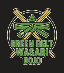 Green Belt Wasabi Dojo – Chopsticks and Belt, Cute Sushi Martial Arts Emblem on Black
