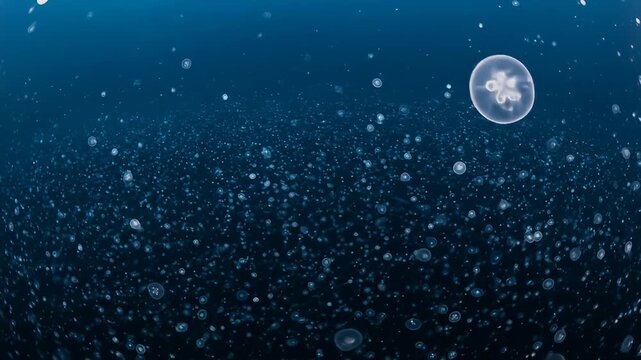 A vast school of jellyfish pulsates through the deep, dark blue ocean water