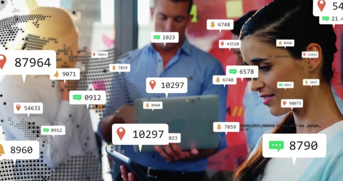 Scrolling female professional holding tablet at office space, with map overlay, laptop, copy space