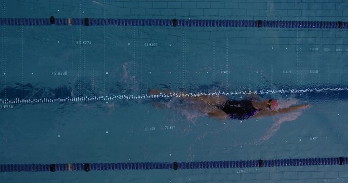 Gliding swimmer performing freestyle stroke in tiled pool with swimsuit and data overlay