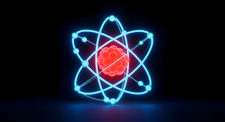 Neon atomic symbol with glowing nucleus: futuristic blue electron orbits around a red core on black background — science, nuclear and atomic energy concept