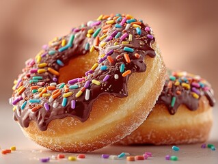 Two doughnuts with chocolate glaze and sprinkles, natural light food photography for bakery ads or social media