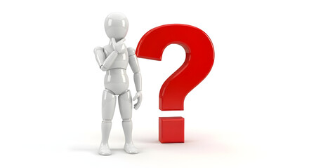 Question and decision concept: white 3D figure pondering beside a large red question mark on white background &mdash; FAQ, uncertainty and problem solving metaphor
