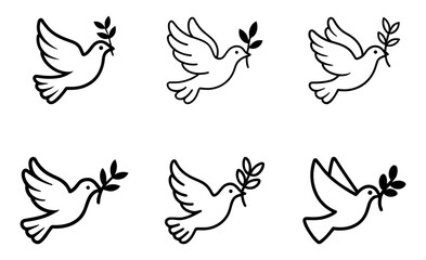hand drawn doves carrying olive branches. set of birds