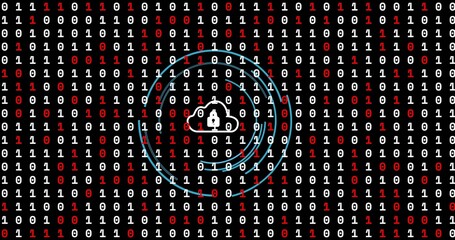 Pulsing white cloud with padlock sending light-blue signals in digital field, with binary digits