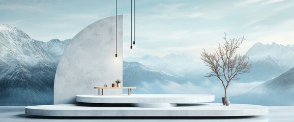 Minimalist scene serene platform, snow-capped mountains, and a lone tree