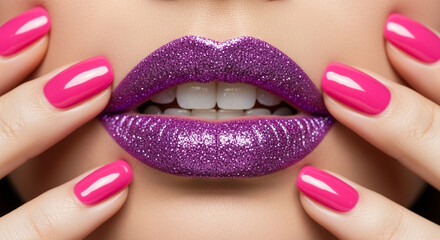 Naklejka premium Stunning woman's lips with vibrant purple glitter sparkle makeup and perfect pink nails