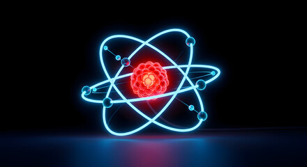 Neon atomic symbol with glowing nucleus: futuristic blue electron orbits around a red core on black background — science, nuclear and atomic energy concept