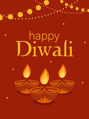 Happy Diwali greeting card with glowing diya lamps, festive lights and mandala background. Vector illustration for festival of lights, holiday poster, banner or invitation.