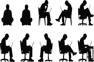 Businessman silhouette working on laptop, office worker sitting, freelancer illustration, employee computer work, remote job vector, workplace design clipart