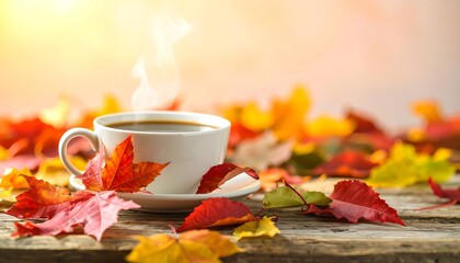 Autumnal coffee cup with steaming hot drink and colorful leaves