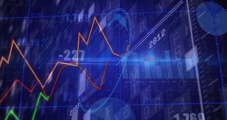 Displaying financial dashboard on blue grid, with colored line graphs, bars and highlight circle