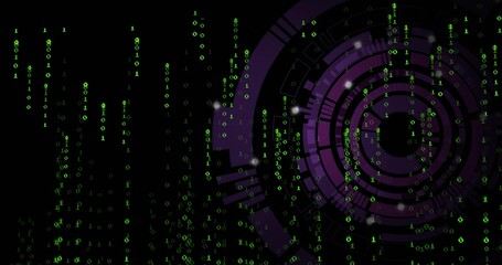Falling green binary streams in digital HUD with purple rings, white particles on right, copy space