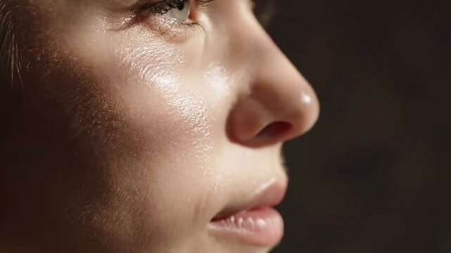 Close-up woman's face in profile showcasing her natural beauty and radiant complexion, a subtle