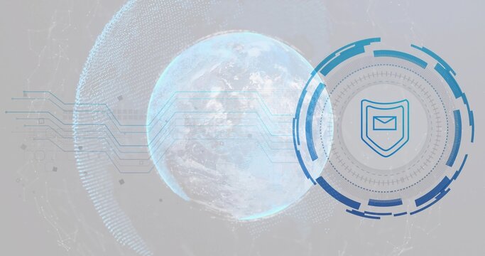 Naklejki Displaying holographic Earth globe projecting circuit-like lines in cyberspace, with HUD interface
