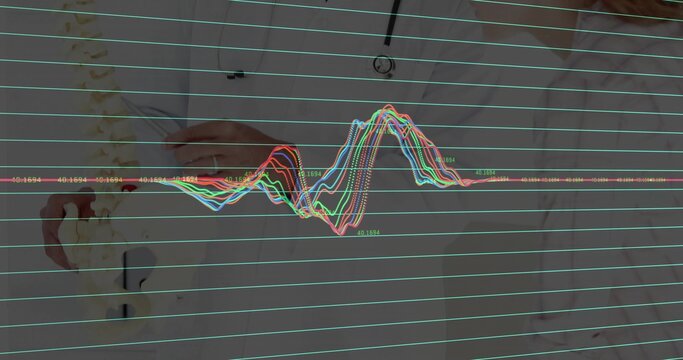 Presenting doctor wearing lab coat holding spine model in clinic with stethoscope and line graph - Powered by Adobe