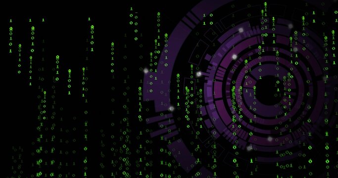 Falling green binary streams in digital HUD with purple rings, white particles on right, copy space