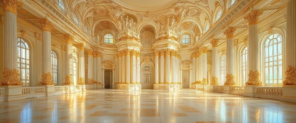 Obraz premium Grand, opulent hall with gleaming floors, tall columns, and arched windows. Sunlight streams in, illuminating ornate details