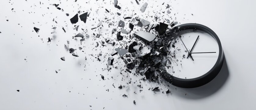 The clock exploding into scattered shards symbolizing time breaking and chaos