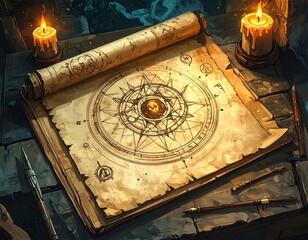 A mysterious pirate's magic square treasure map with a skull compass, lit by glowing candles