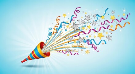 Fototapeta premium Exploding party popper unleashes vibrant streamers and glittering stars, celebrating joy and success