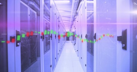 Showing server racks glowing in data center corridor, with candlestick chart overlay