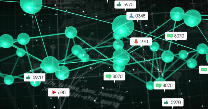 Showing glowing teal-green spheres forming network on dark grid with social media metric icons - Powered by Adobe