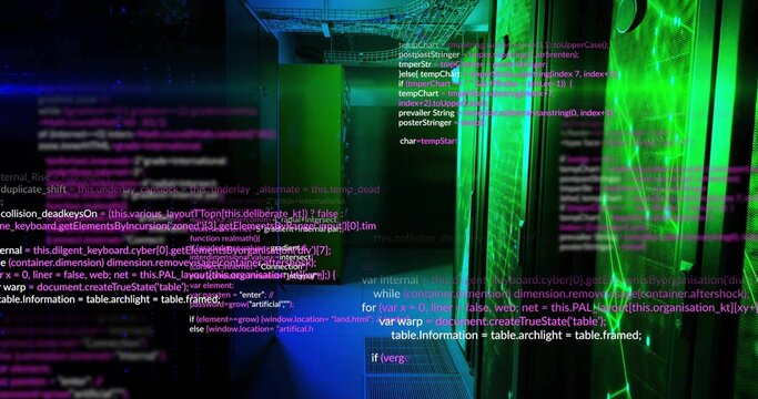 Glowing server cabinets and LED panels casting light in data center corridor, floating code bits