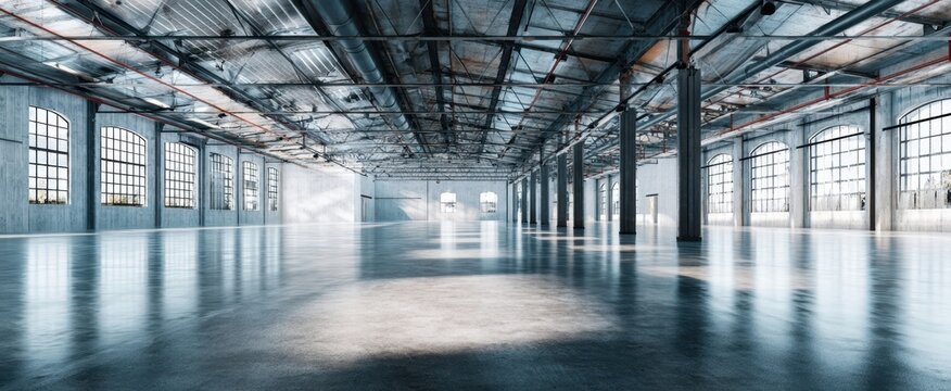 The warehouse interior with polished concrete floor, rows of steel columns and windows