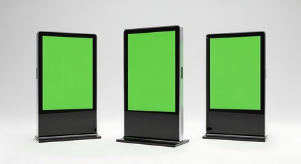 Three Digital Displays with Green Screens on White Background, Isolated