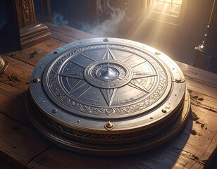 A mysterious magic compass, a powerful artifact resting on an ancient wooden square table