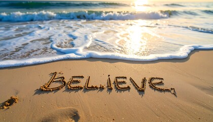 Fototapeta premium Sunrise beach scene with the word 