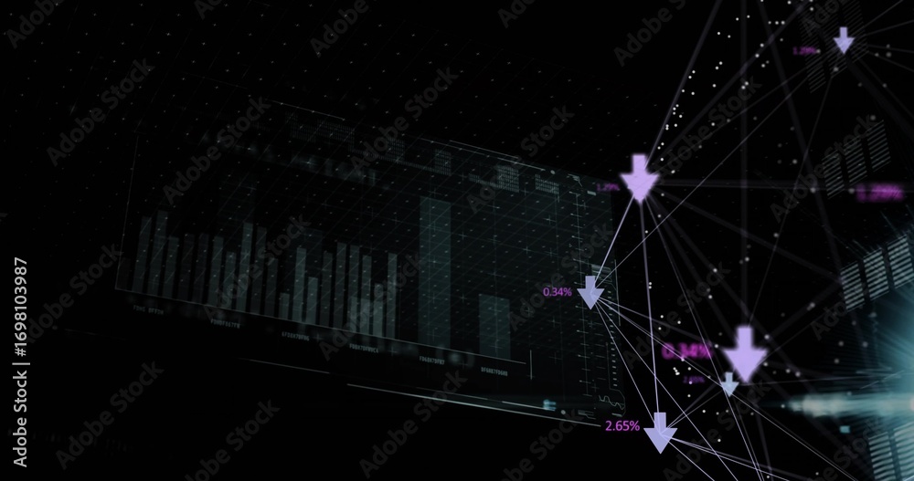 Wall mural displaying bar chart and nodes with purple arrows showing percentage labels on hologram, copy space