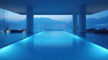 Serene indoor pool with stunning mountain & city views at twilight