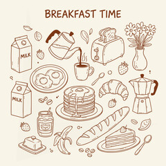 Breakfast food vector set with coffee bread pancakes and croissant illustration