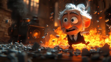 Animated character fleeing fiery scene