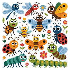 Obraz premium Collection of cute cartoon insects and bugs with flowers and leaves Keywords: insects, bugs