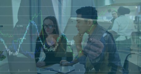 Analyzing laptop data, woman wearing glasses and man in shirt working at office, with chart overlay