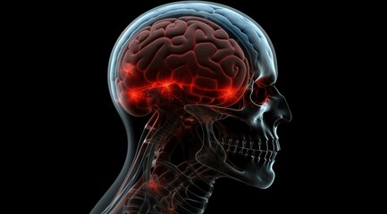 Illustration of the human head with the brain highlighted in red, showing a menacing and painful expression due to a corrosive analysis, isolated on a dark background.