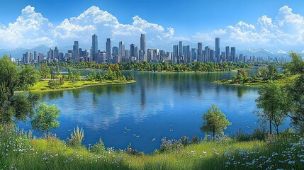 Serene cityscape reflected in a calm lake, surrounded by lush greenery and mountains under a bright sky