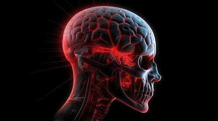 Illustration of the human head with the brain highlighted in red, showing a menacing and painful expression due to a corrosive analysis, isolated on a dark background.