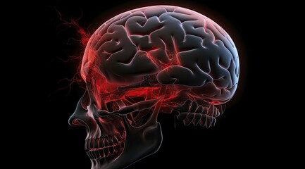 Illustration of the human head with the brain highlighted in red, showing a menacing and painful expression due to a corrosive analysis, isolated on a dark background.