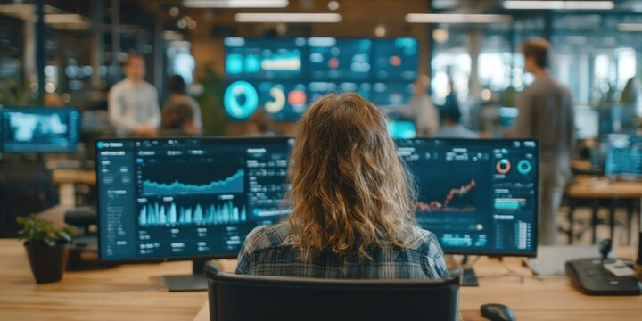 Person at desk with dual monitors displaying data, colleagues in background of modern office