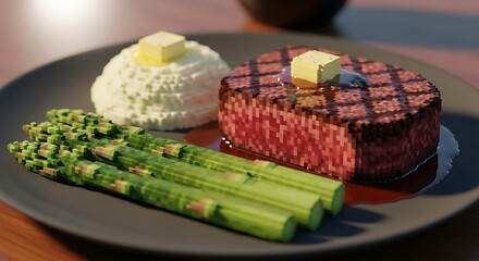 Artistic Pixelated Steak Dinner Plated with Asparagus and Mashed Potatoes