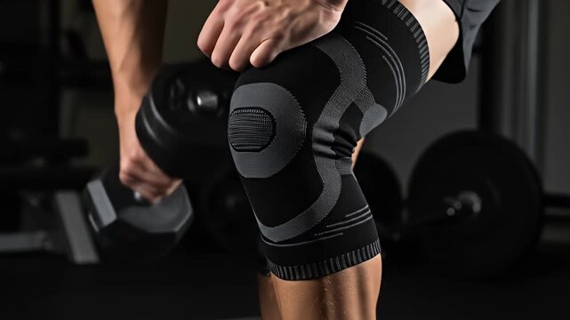 Person lifting a dumbbell while wearing a knee brace in a dark gym environment