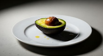 Artistic presentation of avocado with pit and oil, minimalist culinary
