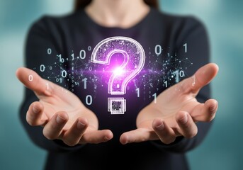 Woman's hands present glowing technology question mark.